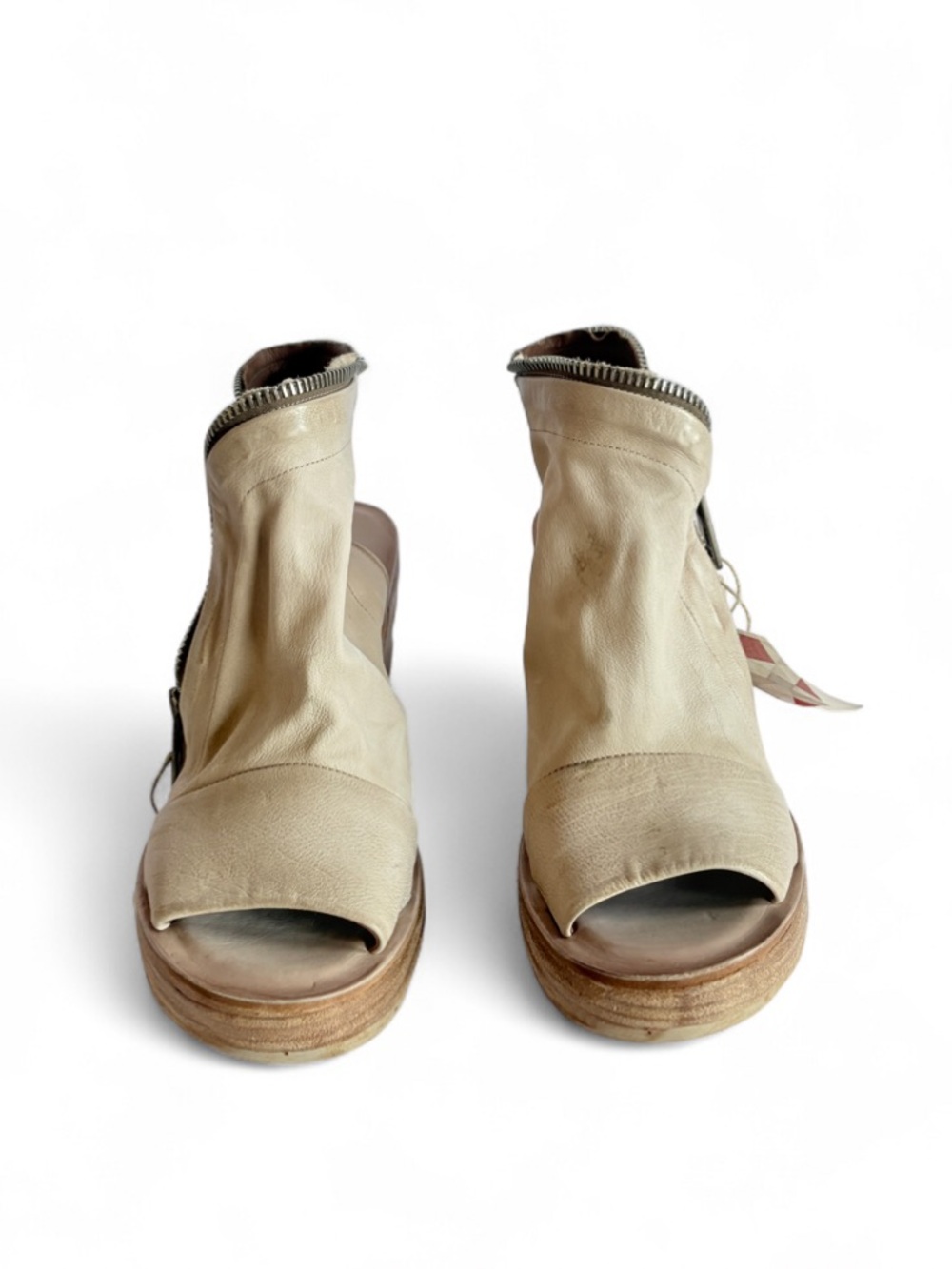 AS 98 Naylor Taupe Leather Peep-Toe Wedge Sandals with Side Zip - Picture 2 of 7